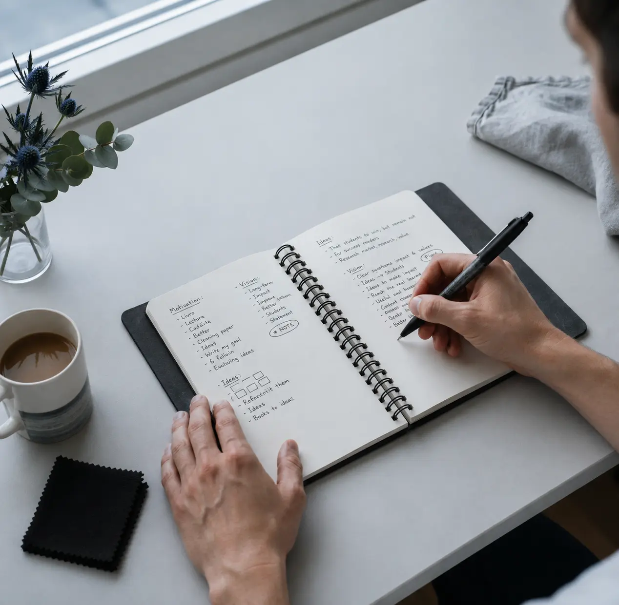 Hands writing in an open reusable smart notebook on a clean desk